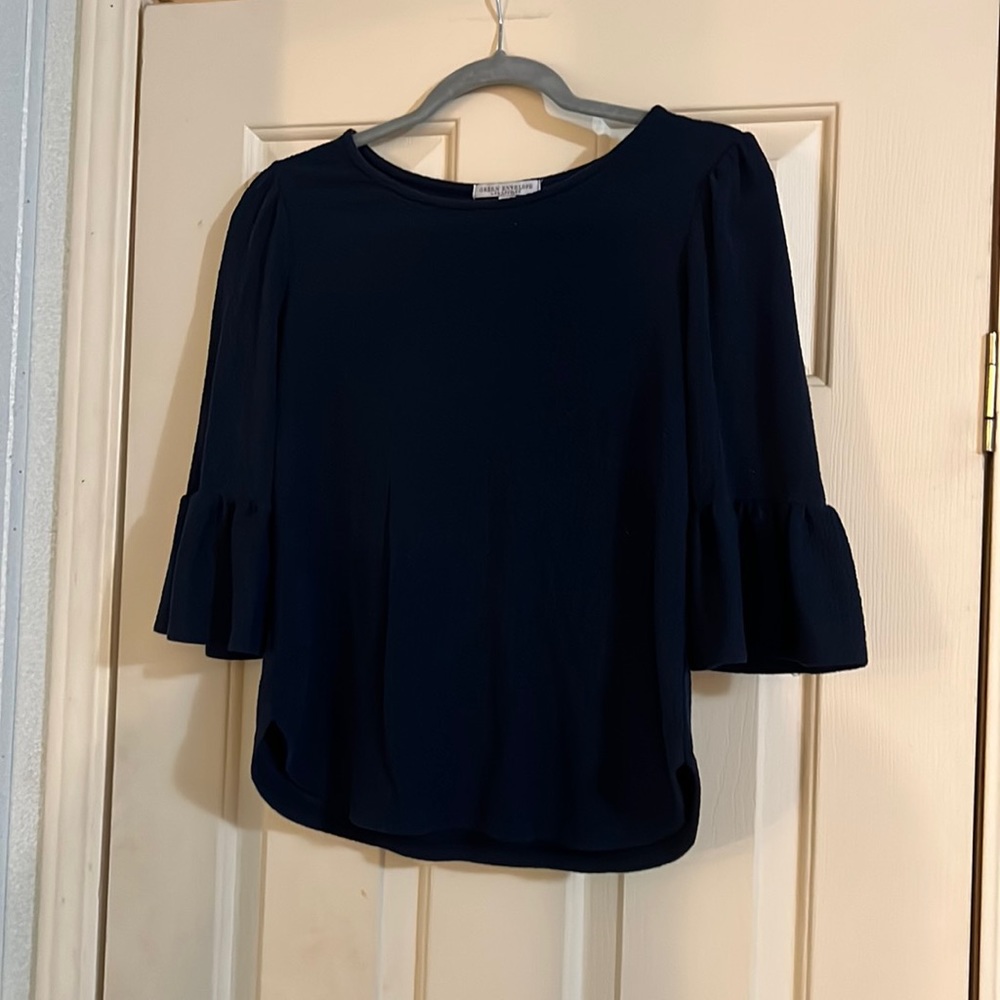 Green Envelope Women's Navy Flared 3/4 Sleeve Blouse Size S Waffle Knit Boho